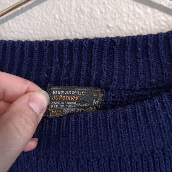 VTG 70s 80s JCPenny Mens M Knit Pullover Grandpa Red Blue Snowflake Geometric - Picture 3 of 5